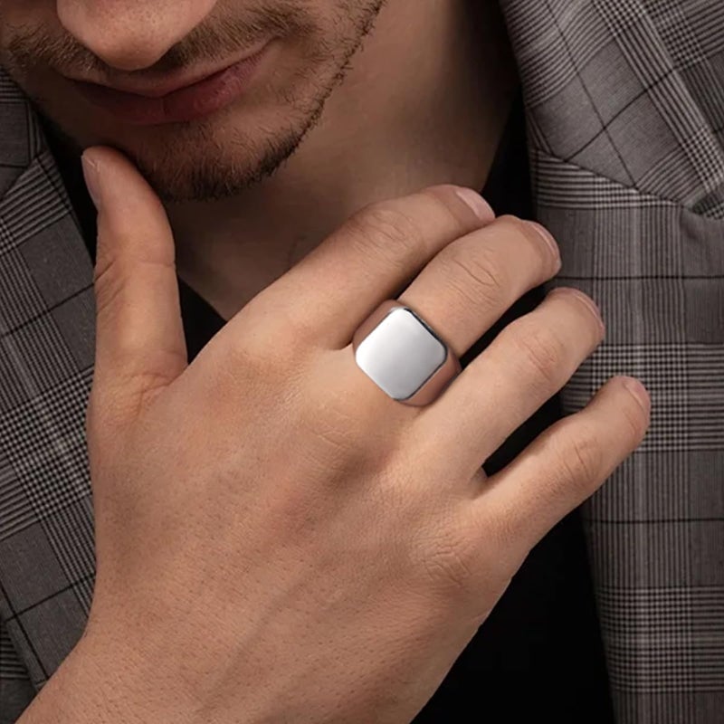 ENHONG Mens Rings Stainless Steel Square Signet Rings for Men,Silver Pinky Thumb Ring for Dad Father Jewelry Gift for Him,Men's Ring for Biker Size 15 - Image 2